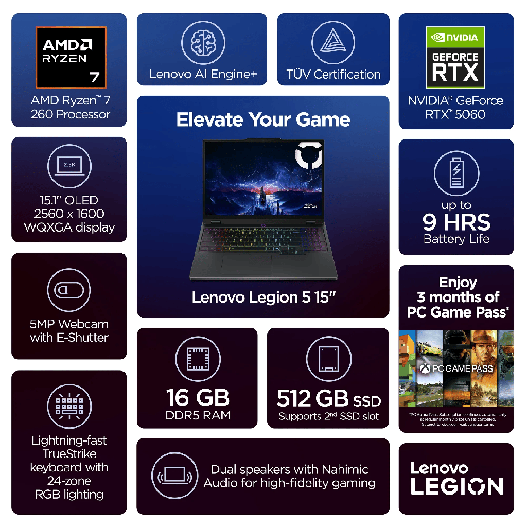 Lenovo Legion 5 15.1&quot; WQXGA OLED Gaming Laptop Ryzen 7-260 16GB RAM 512GB SSD RTX 5060