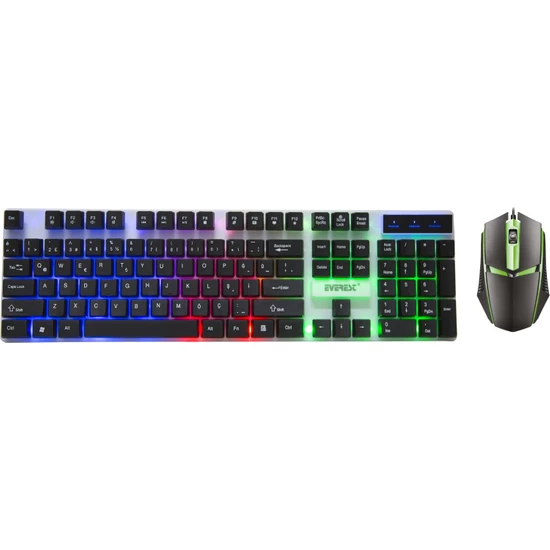 Everest KM-191 ENTRY SET Professional Gaming 2 in 1 Set USB Wired KBD + Mouse Combo Q-Turkish Rainbow Backlit Black